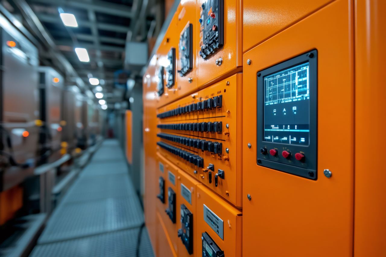 Orange control panels with a touch-screen HMI in a plant corridor